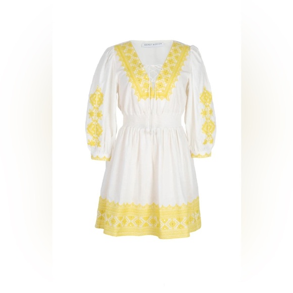 Secret Mission Gina Yellow Embroidered Organic Cotton Linen Blend  Dress Small - Picture 5 of 9